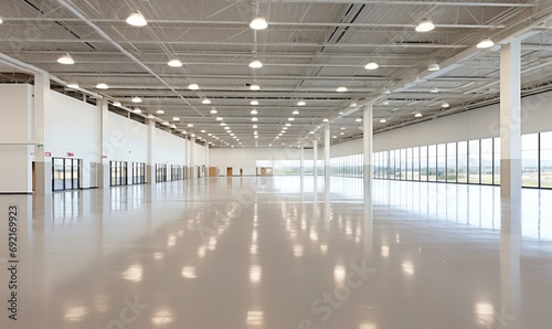 Spacious Empty Warehouse Interior with High Ceiling, Reflective Floor, and Natural Light from Windows