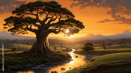 Majestic Tree Overlooking Serene River Landscape at Sunset with Vibrant Orange Sky and Reflections