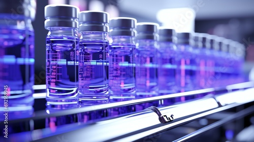 Row of Laboratory Vials Containing Blue Liquid on a Conveyor Belt in a High-Tech Pharma Facility photo