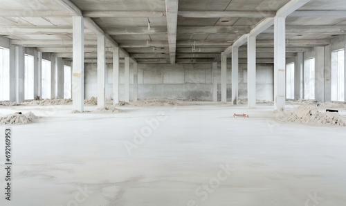 Modern Industrial Construction Site Interior with Concrete Columns and Dusty Floor Pre-Renovation
