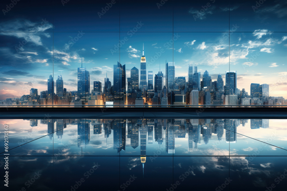 A mirrored reflection of a city skyline in a glass building, illustrating the juxtaposition of man-made structures against the backdrop of natural beauty. Concept of urban reflections. Generative Ai.