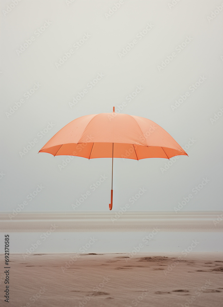 Peachy umbrella floating on the beach on rainy summer day..Minimal summer holiday creative cincept