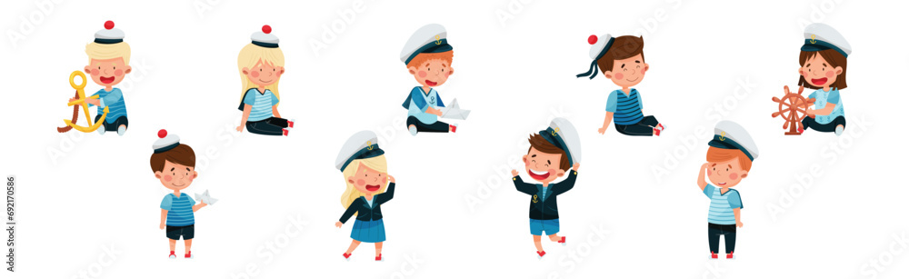 Little Children Sailor in Mariner Costume and Hat Playing Vector Illustration Set