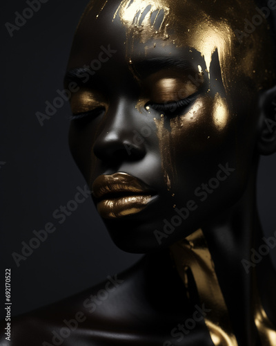 portrait of a woman with gold paint.Minimal creative fashion cosmetic concept
