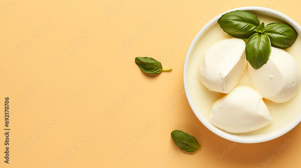 Mozzarella cheese with basil on orange background, top view Mozzarella cheese with basil on orange background, top view