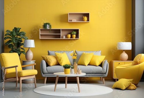 Chic Living Room Design with Vibrant Yellow Accents and Modern Furniture