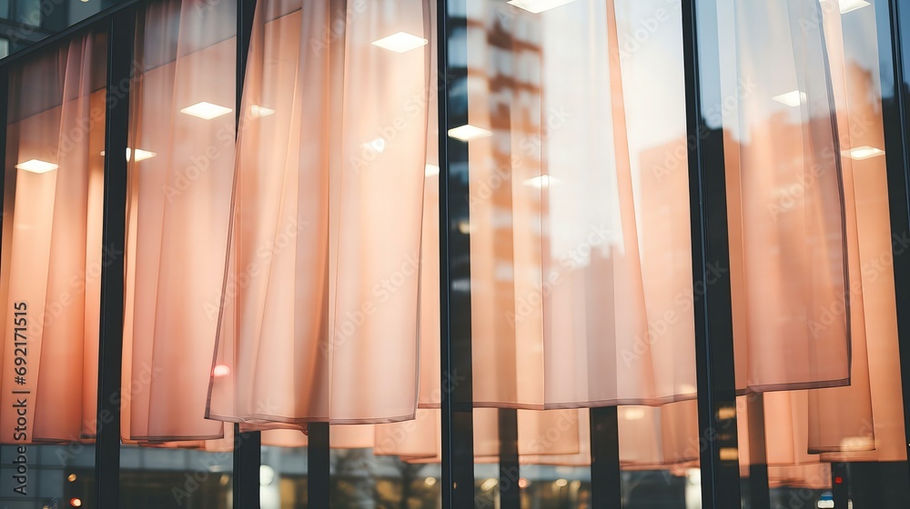 Warm Sunset Glow Reflecting on the Modern Building's Glass Facade with Elegant Curtains Warm Sunset Glow Reflecting on the Modern Building's Glass Facade with Elegant Curtains