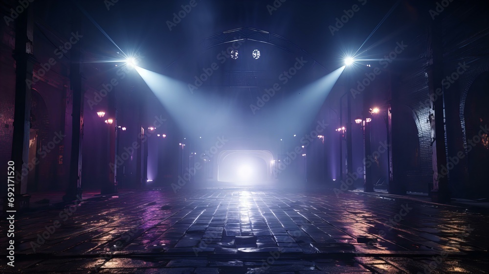 Mysterious Atmospheric Hall with Dramatic Spotlights Piercing Through the Haze in an Urban Setting