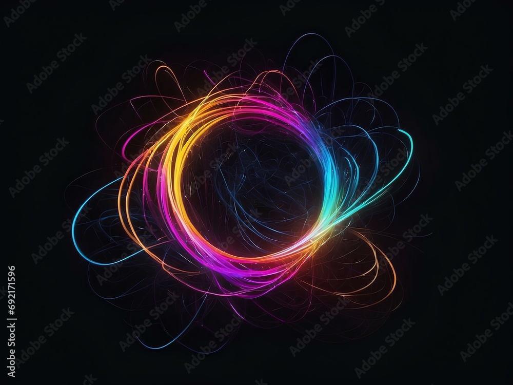 transparent glowing threads circle, glowing lines, black background, for design, isolated