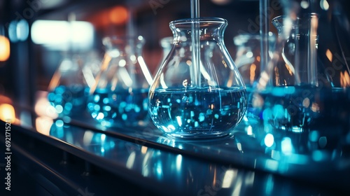 Scientific Research in Progress with Glowing Blue Liquid in Flasks on a Laboratory Bench photo