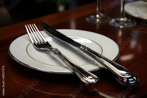 The immaculate shine of polished silverware, highlighting the attention to cleanliness and presentation in dining and table settings. Concept of table etiquette. Generative Ai.