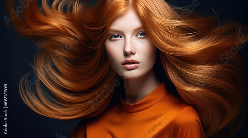 Beautiful female face with powerful silky hair and chic hairstyle done in a beauty salon. Perfect image of a beautiful red-haired woman with developing hair. Illustration for beauty magazine.