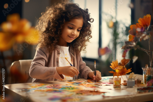 Deep concentration marks the child's expression as they engage in a creative activity. Concept of focus and artistic exploration. Generative Ai.