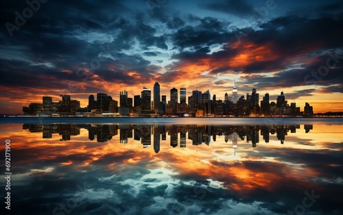 Stunning Sunset Reflection over a Majestic Metropolitan Skyline by the Water