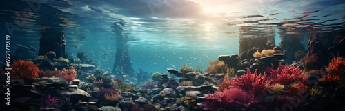 Underwater world of tropical coral reef, colorful tropical scenic ecosystem, Concept: illustrations in marine biology and conservation. Banner with copy space photo
