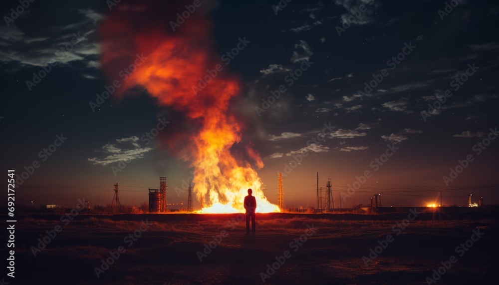 a man standing in front of a large fire