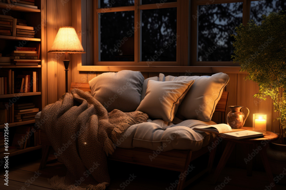 Fototapeta premium A cozy reading nook with warm lighting, encouraging a habit of daily reading. Concept of cultivating a reading culture at home. Generative Ai.