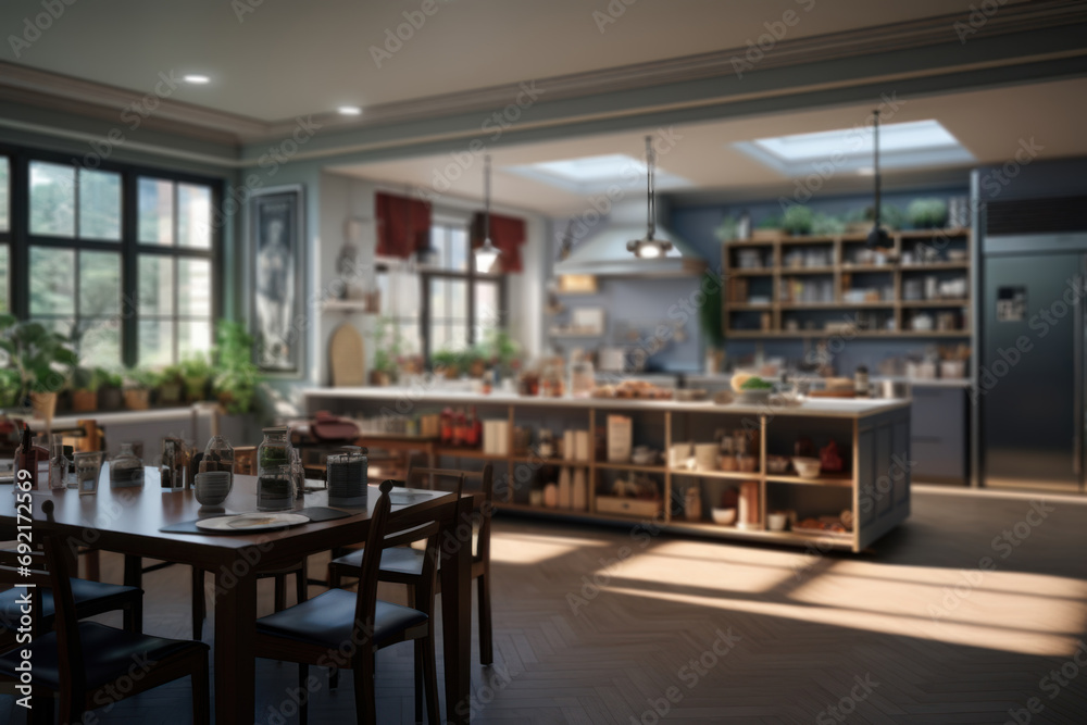 A communal kitchen where residents take turns preparing meals, fostering a sense of community. Concept of collaborative living practices. Generative Ai.