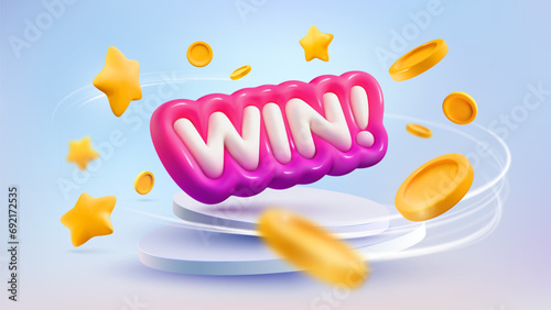 Celebration of win with flying around coins and stars on light background. Winning vector illustration. 3d realistic inflated winword on podium.