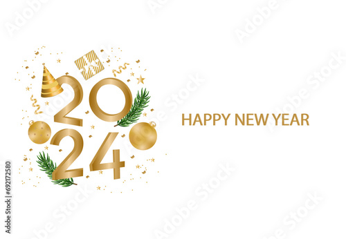 Happy new year 2024. golden christmas decoration and confetti on white background. Greeting card design