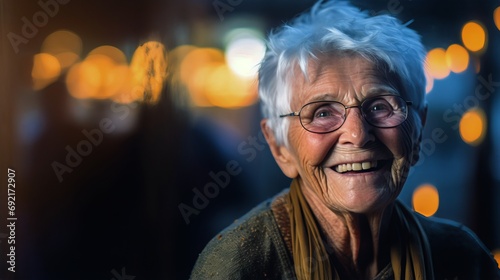 photo cheerful elderly woman on blured background, high detail face