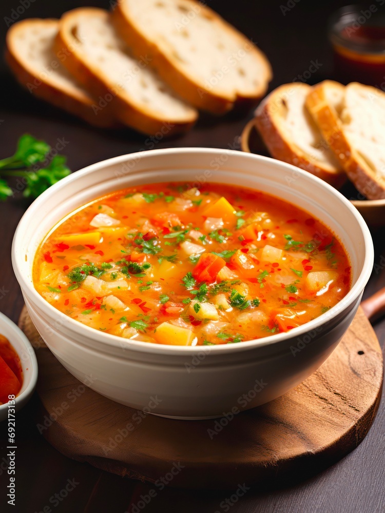 Vegetable soup served with slices of bread. Vegetable soup served with slices of bread.