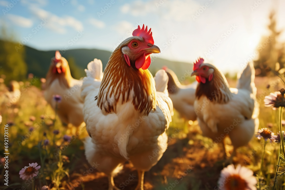 Fototapeta premium Free range chickens on the farm, organic agriculture, generative ai