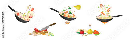 Asian Wok Noodles Cooking with Frying Pan and Ingredients Vector Set