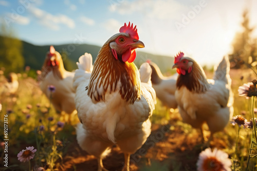 Free range chickens on the farm, organic agriculture, generative ai © Diana Vyshniakova