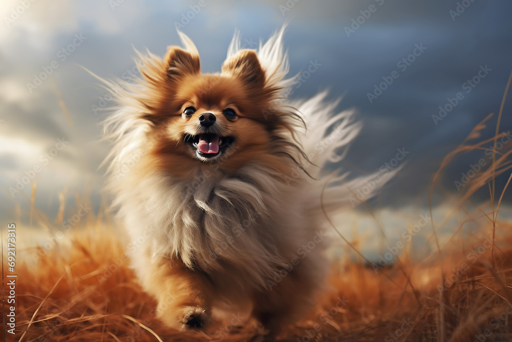 Funny pomeranian spitz dog running in the wind, cloud weather, ai generated