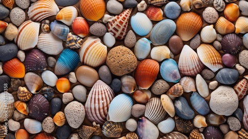 Sea round stones and shells background.