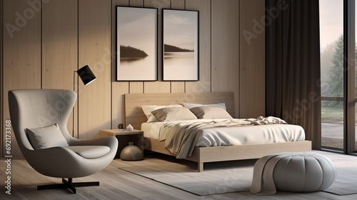 A cozy bedroom interior with a dove grey armchair and stool positioned near a bed adorned with a wooden headboard  enhanced by the presence of a matte black lamp for a contemporary touch.