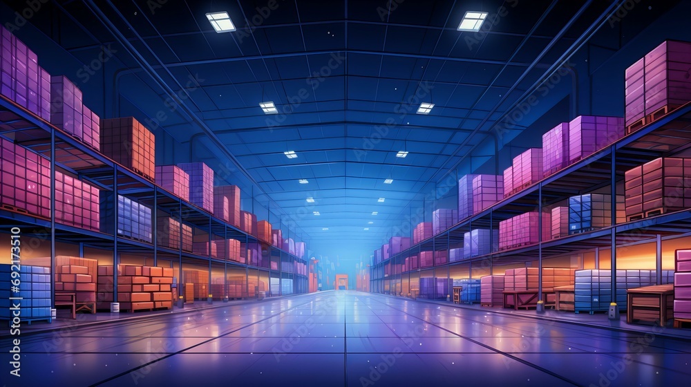 Futuristic Automated Warehouse with Neon Lights and Stacked Containers