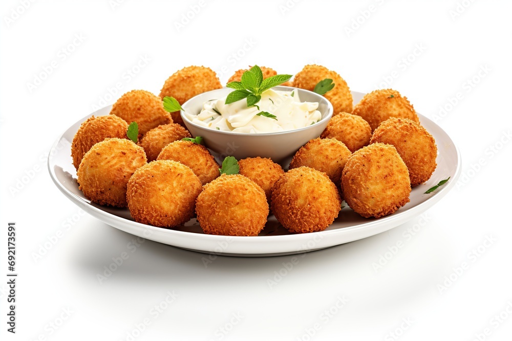 Crispy cheese balls with sauce on white background