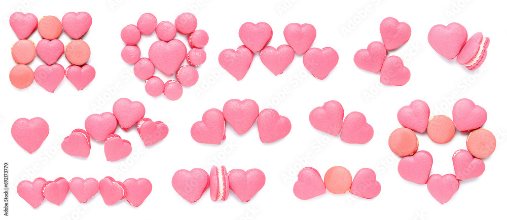 Set of many sweet heart-shaped macarons on white background, flat lay Set of many sweet heart-shaped macarons on white background, flat lay