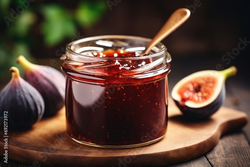 Fig jam and berries on wooden background