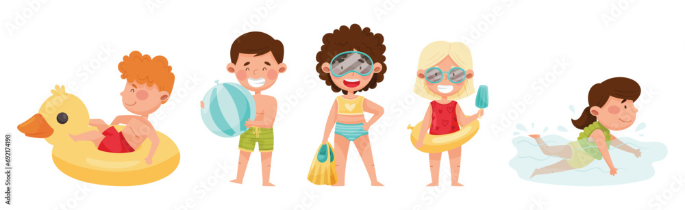 Cute Boy and Girl at Seaside Enjoy Summer Vacation Vector Set Cute Boy and Girl at Seaside Enjoy Summer Vacation Vector Set