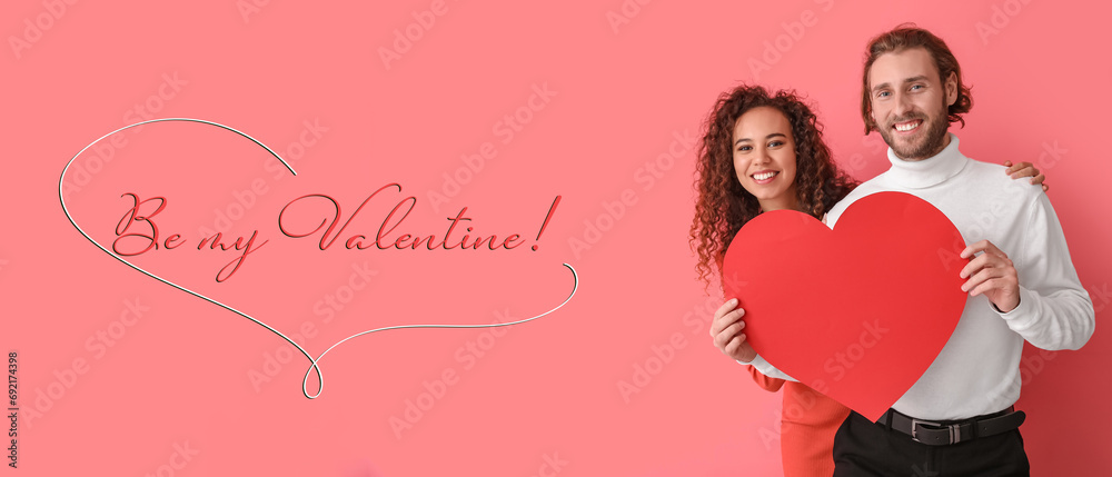 Happy young couple with red paper heart on color background. Valentine's Day celebration Happy young couple with red paper heart on color background. Valentine's Day celebration