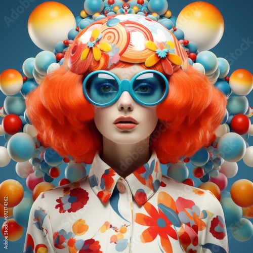 a woman with orange hair and blue glasses