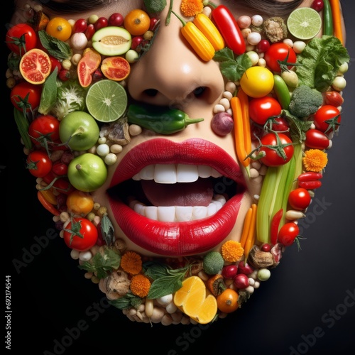 a woman's face covered in fruits and vegetables