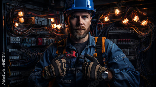 Electrical engineer with a hard hat and protective gloves, holding electrical tools, with a complex circuit board visible in the background photo