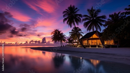 Sea coast at sunset landscape with palm trees.