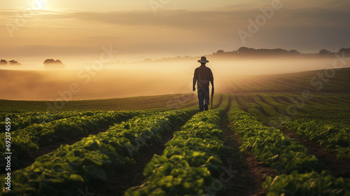 Early morning scene in an agricultural area with a farmer inspecting rows of crops, the rising sun casting long shadows over the fertile land