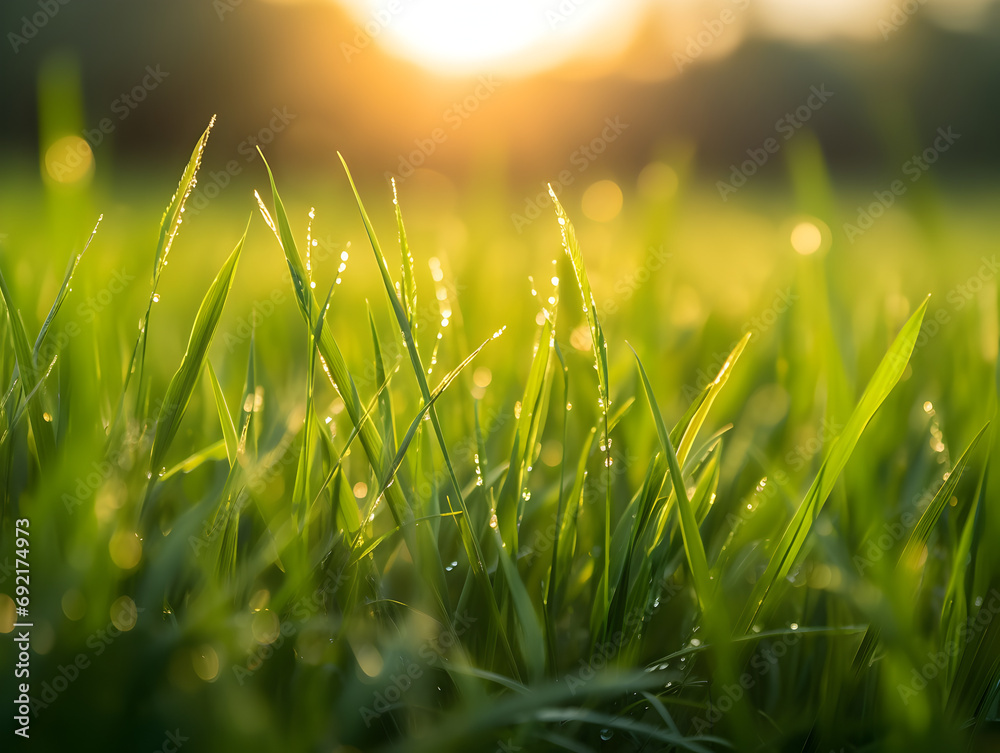 Close up of green grass with blurry background and sunset
