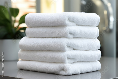 A stack of pristine white towels neatly arranged, illustrating the concept of cleanliness and luxury in hospitality. Generative Ai.