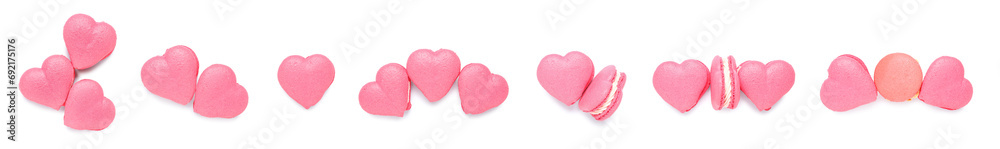 Set of sweet heart-shaped macarons isolated on white