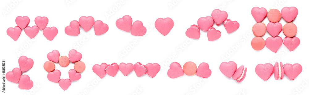 Set of many sweet heart-shaped macarons isolated on white, top view