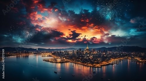  Multi-colored fireworks over the city, the evening sky over the metropolis, bright sparks reflected in the calm waters of the bay, decorative lights. Concept: pyrotechnics for events © Marynkka_muis