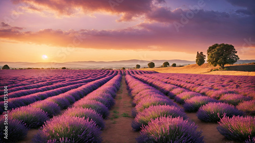 A Serene Field of Lavender at Sunset