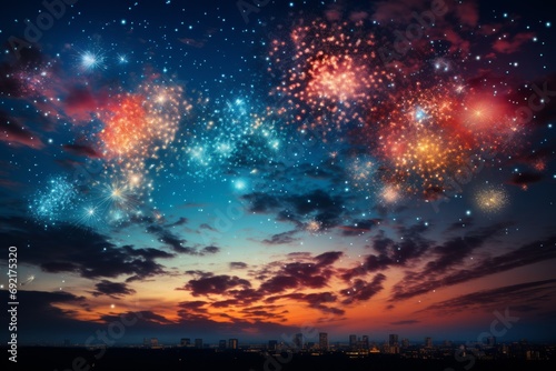  Multi-colored fireworks over the city, the evening sky over the metropolis, bright sparks reflected in the calm waters of the bay, decorative lights. Concept: pyrotechnics for events